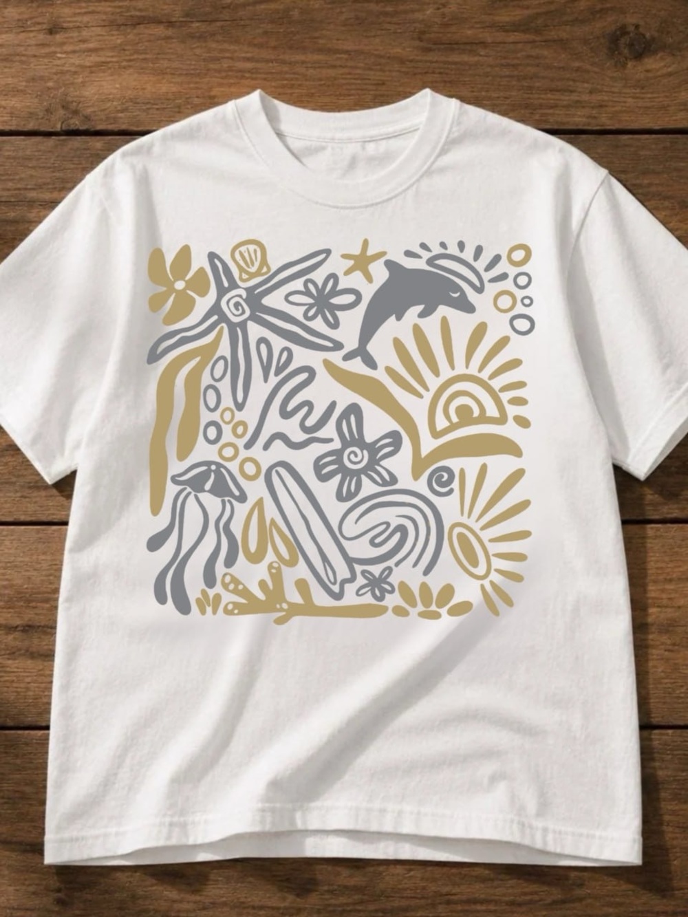 Gildan White Short Sleeve Tee with Gold and Gray Beach Graphic